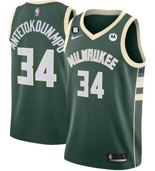 Mens Milwaukee Bucks #34 Giannis Antetokounmpo White With No.6 Patch Stitched Basketball Jersey